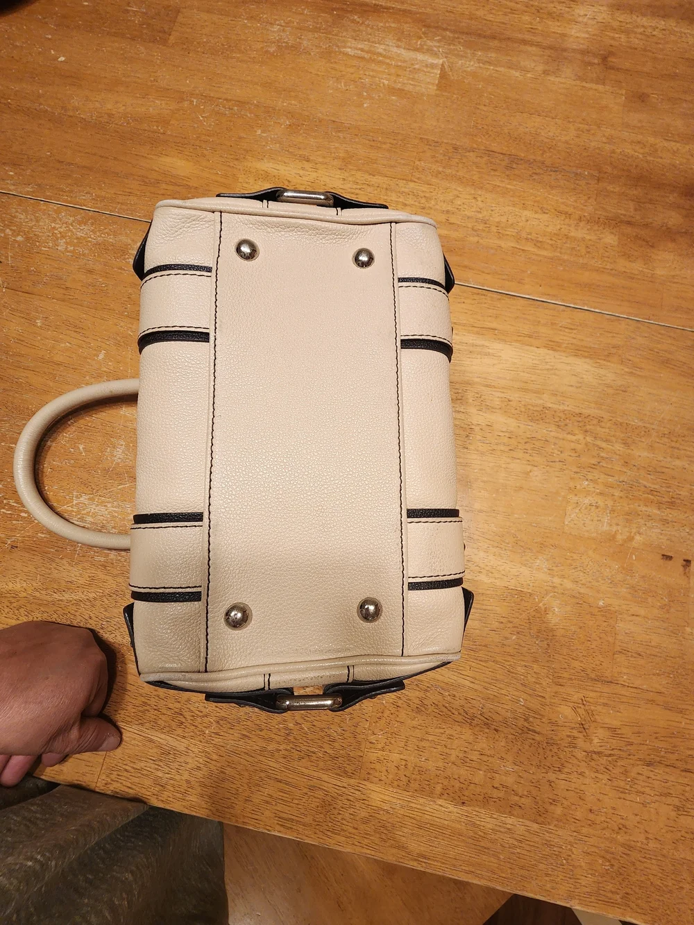 MCM cream leather Boston satchel featuring silver-toned hardware